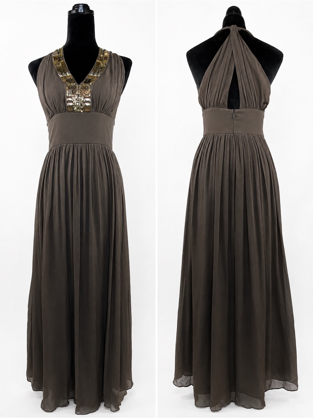Banana Republic 100% Silk Chiffon Metal Beaded Brown Halter Maxi Dress Size 2